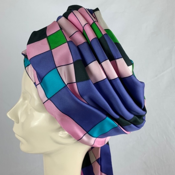 1960s Mr Ken Turban and Matching Scarf M Pink Purple Green Color Block Excellent main image 5